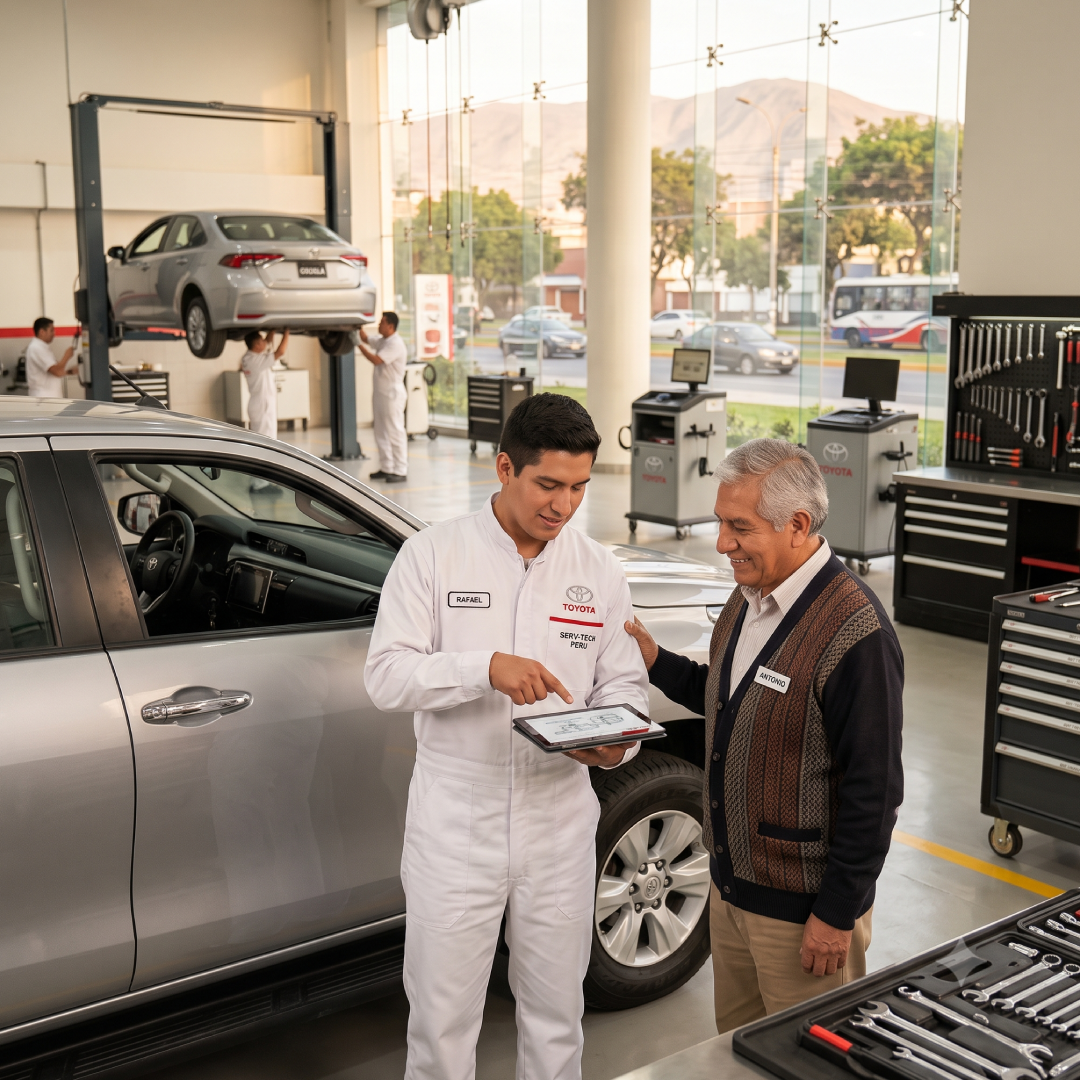 Técnico Toyota explicando diagnóstico a cliente